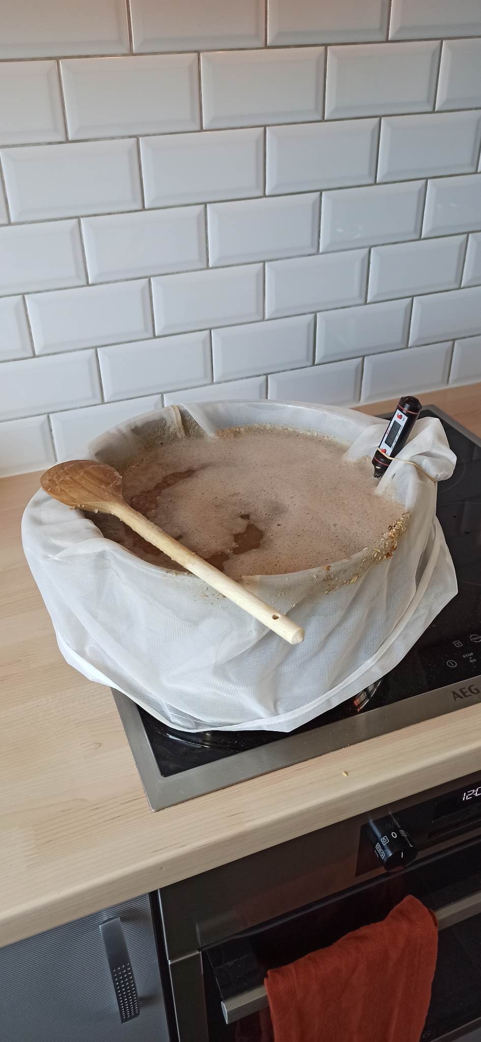 the brewing kettle, with a brew-in-the-bag setup